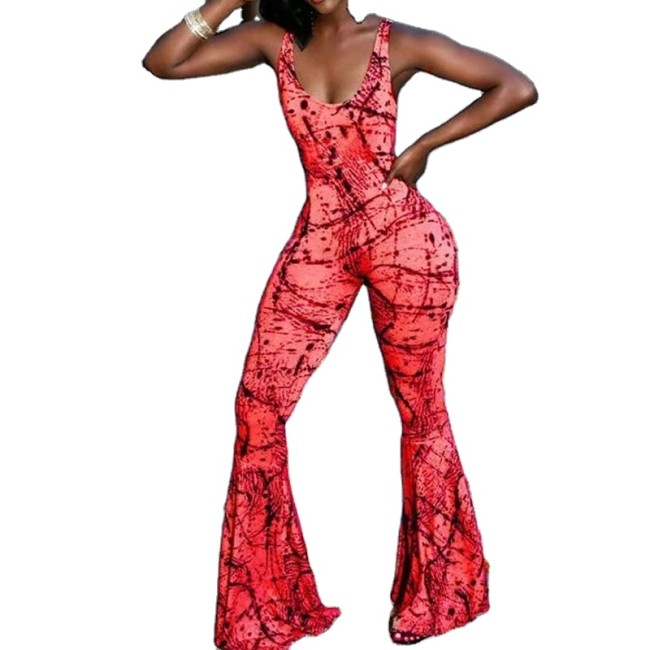 European and American fashion women's sexy characteristic print backless condole belt wide leg jumpsuit 825768