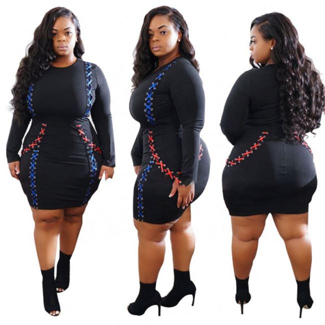 Fashion Black Sweet O Neck Patchwork Long Sleeve Solid Plus Size Bandage Women Mini Dresses   112536