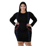 Fashion Black Sweet O Neck Patchwork Long Sleeve Solid Plus Size Bandage Women Mini Dresses   112536