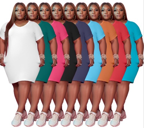 Women O Neck Summer Solid Color Oversized Dress Dresses Q7149510