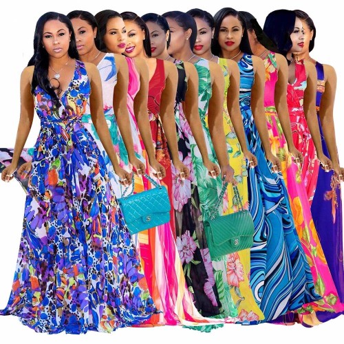 Women's V-neck Sleeveless Printed Dress Dresses X900516