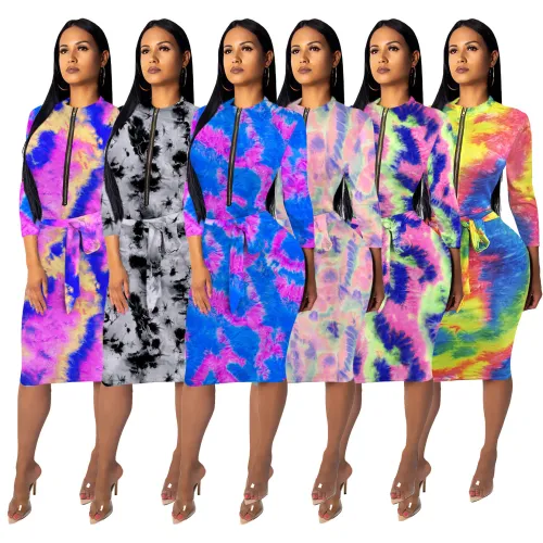 Party O Neck Zip Up Lace Tie Dye Slim Sexy Dress Dresses SMR987283