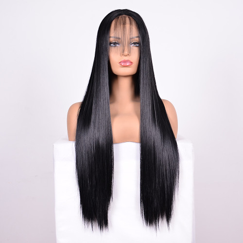Wig Mid-Cut Front Lace Wig Women's Black Long Straight Hair Chemical Fiber Head Cover L23