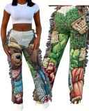 BF12514 Cartoon Print Tassel Design Green Pants Women Trousers