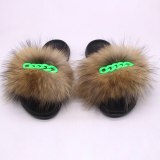 Real Fox Raccoon Fur Ladies Summer Slippers Green Chain Slides