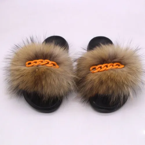 Ladies Slippers Summer Real Fox Raccoon Fur Orange Chain Slides