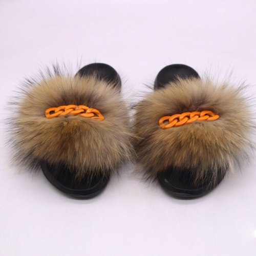 Ladies Slippers Summer Real Fox Raccoon Fur Orange Chain Slides