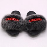 Summer Slippers Women's Real Fox Fur Raccoon Fur Red Chain Slides