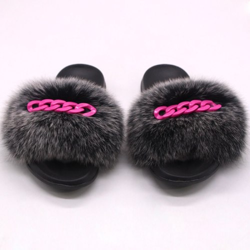 Summer Real Fox Raccoon Lady Fur Slippers Red Chain Slides