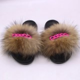 Summer Real Fox Raccoon Lady Fur Slippers Red Chain Slides
