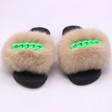 Real Fox Raccoon Fur Ladies Summer Slippers Green Chain Slides