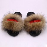 Summer Slippers Women's Real Fox Fur Raccoon Fur Red Chain Slides