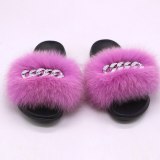 Summer Real Raccoon Fox Fur Ladies Slippers Silver Diamond Chain Slides