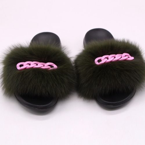 Real Fox Fur Raccoon Fur Summer Slippers Ladies Pink Chain Slides