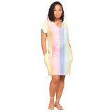 Women Summer Pocket V- Neck Rainbow Dress Dresses CY133445
