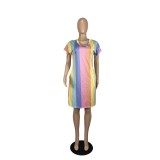 Women Summer Pocket V- Neck Rainbow Dress Dresses CY133445