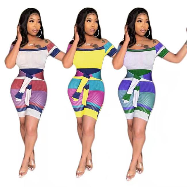 Women Striped Short Sleeve Off Shoulder Bodysuits Bodysuit Outfit Outfits GT992536