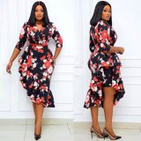 Women Print Irregular Mermaid Dress Elegant Party Prom Office Dresses 27889#