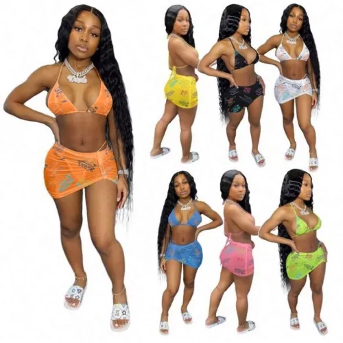 Sexy 3 Piece Bikini Letter Printing Swimsuit Swimsuits ALS24354