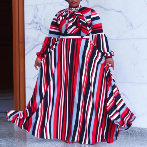 summer African Plus Size Dress 4XL 5XL Women Red Striped Long Sleeve Floor Length Loose High Waist Elegant Evening Vestidos  8493104
