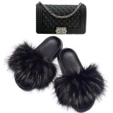 Women Faux Fox Fur Slippers Slides Jelly Handbags TXB-03142