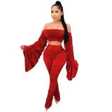 1ilk fiber Stacked Women's Set Off Shoulder Flare Sleeve Crop Tops Ruched Pants Suit Tracksuit Two Piece Set Outfit