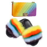 Women Jelly Purses Handbags and Summer Beach Faux Fox Fur Slippers Slides TXB-00213