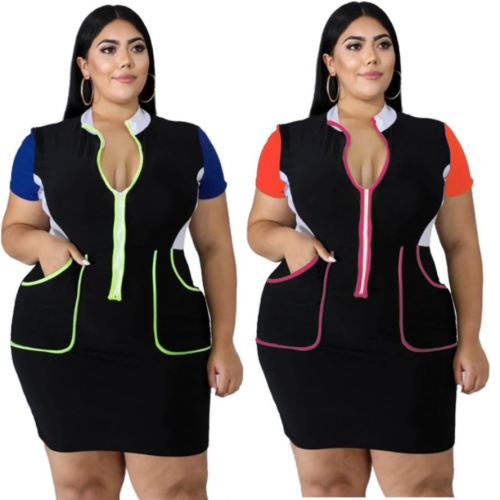 Panelled Patchwork  V-Neck Short Sleeve Zipper Women Summer Loose T Shirt  Plus Size Spring Dresses YF100516