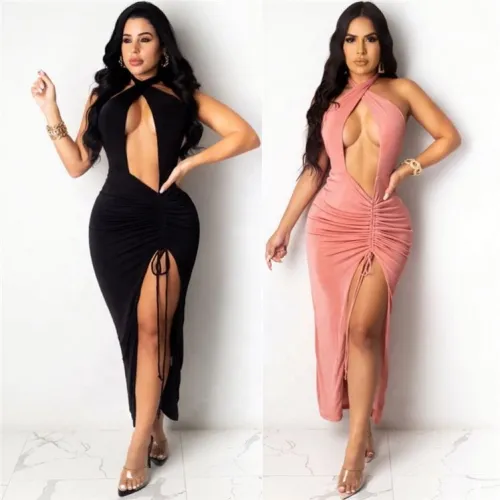 2021 New Arrivals Womens Drawstring Long Deep V-Neck Hanging Neck Skirt Party Backless Sexy Split Dress  873243