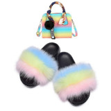 Women Faux Fox Fur Slipper Slippers Slide Slides TXB-029310