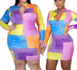 Wholesale plus size dress Women clothing Sexy long sleeve Bandana  Colorblcok Print Bodycon Mini Dress.  886677