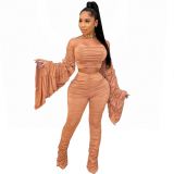 1ilk fiber Stacked Women's Set Off Shoulder Flare Sleeve Crop Tops Ruched Pants Suit Tracksuit Two Piece Set Outfit