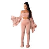 1ilk fiber Stacked Women's Set Off Shoulder Flare Sleeve Crop Tops Ruched Pants Suit Tracksuit Two Piece Set Outfit