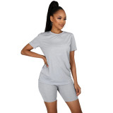 Hot Sale Women Clothing Cotton Over Size Solid  Short Sleeves Shorts Set Casual  Piece Women Outfit  858596