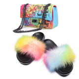 Women Faux Fox Fur Slipper Slippers Slide Slides And Handbags TXB-00415