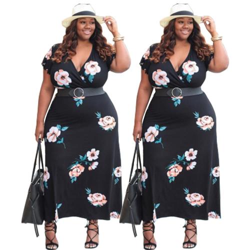 custom private label fashion print deep v sexy fat women casual plus size floral dress  YF102637