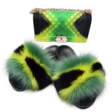 Women Jelly Purses Handbags and Summer Beach Faux Fox Fur Slippers Slides TXB-00213