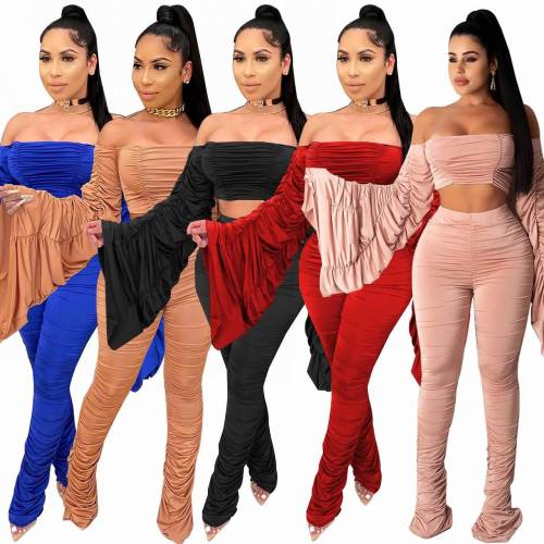 1ilk fiber Stacked Women's Set Off Shoulder Flare Sleeve Crop Tops Ruched Pants Suit Tracksuit Two Piece Set Outfit