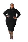 2021 Winter Turtleneck Long Sleeve Plus Size Midi Bodycon Hollow Out Sexy Solid Fat Lady Velvet Plus Size Fuzzy Dresses 143445