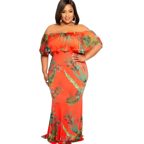 High Quality Printed Off The Shoulder Ruffled Maxi DressesYF105465