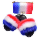 Women Jelly Purses Handbags and Summer Beach Faux Fox Fur Slippers Slides TXB-00213