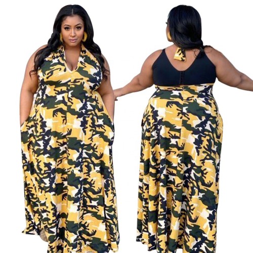 Woman Summer Camouflage  Strapless Long Sleeveless Plus Size Print Dress  1169710