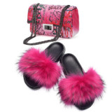 Women Faux Fox Fur Slipper Slippers Slide Slides And Handbags TXB-00415