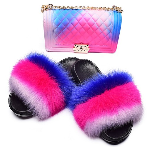 Women Jelly Purses Handbags and Summer Beach Faux Fox Fur Slippers Slides TXB-00213