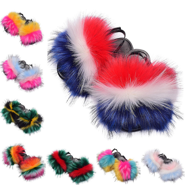 Faux Raccoon Fur Children's Slippers Slides TX-01425