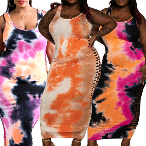 fashion plus size casual dress for summer U-neck hollow out twisted bodycon tie dye maxi dress  YF1149510