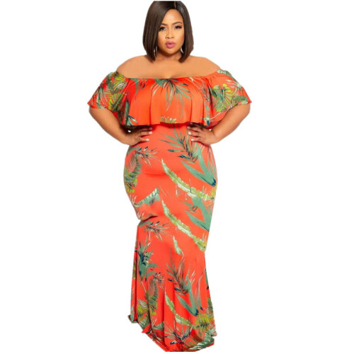 High Quality Printed Off The Shoulder Ruffled Maxi DressesYF105465