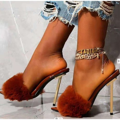 Women's Thin High Heel Heels Rabbit Fur Sandals 76910-67