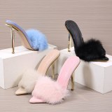 New Real Rabbit Fur Pointed Toe Women Sandals High Heels 6089-34