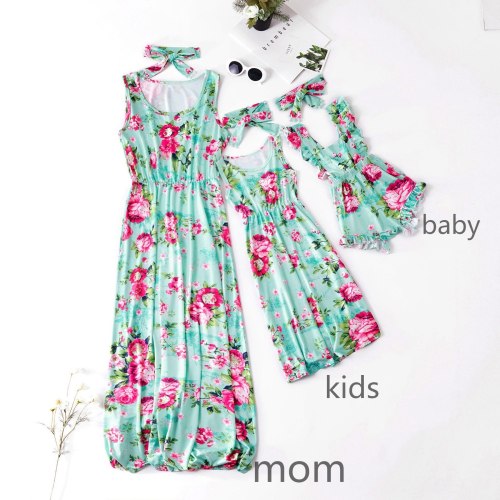 Floarl Flower Print Silk Sleeveless Mother And Daughter Dress Dresses